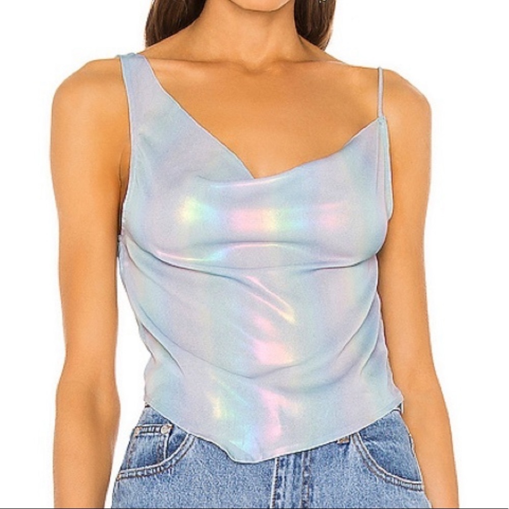 Superdown x Draya Michele Saira blue shiny asymmetrical tank top Revolve